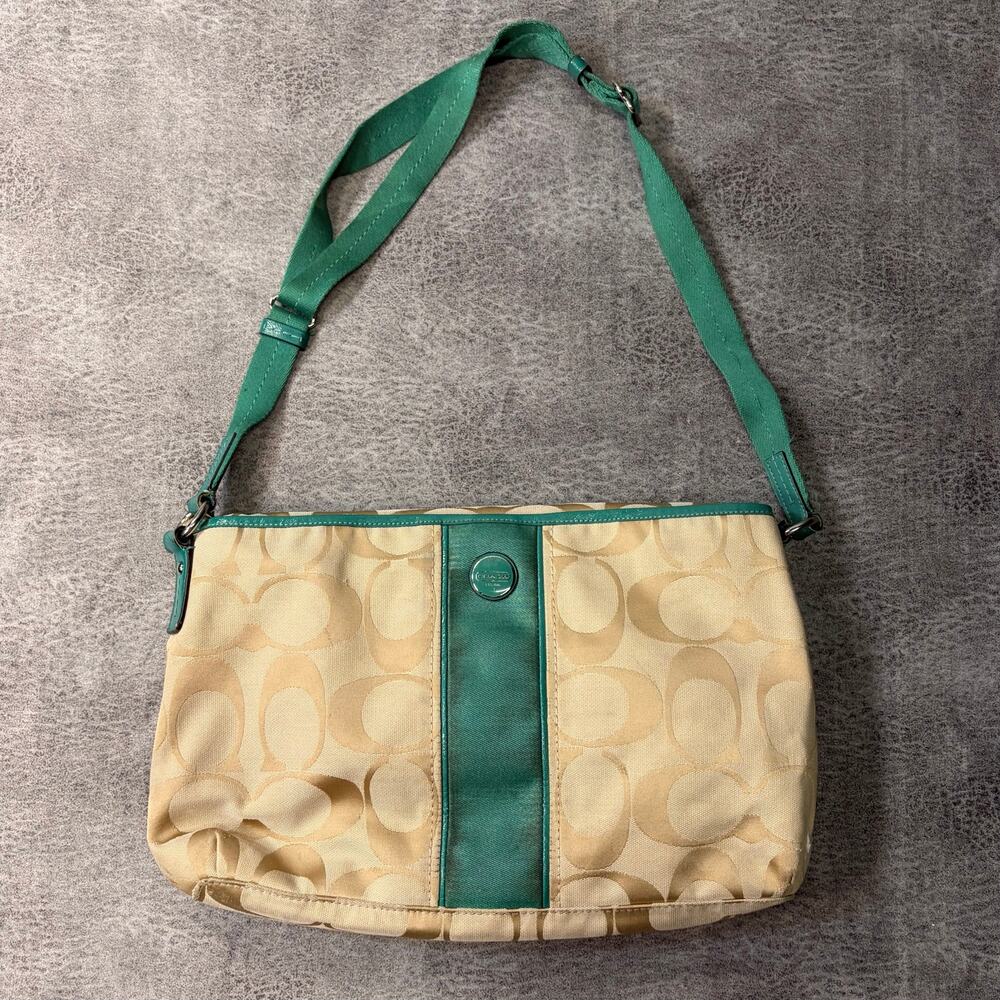 Coach Signature Monogram Teal Foldover Tote